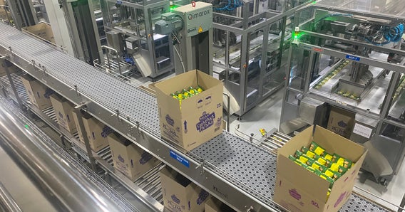 Kartonowe pudła wypełnione produktami Balaji Wafers przenoszone za pomocą sprzętu ARB