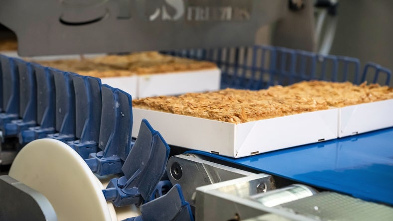 Unwrapped coffee cakes on DirectDrive Stacker conveyor belt