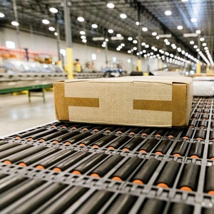 Short taped cardboard box on ARB conveyor
