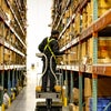 Worker on scissor lift examining warehouse shelves to fulfill an order