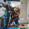 Homme portant des lunettes de protection regardant dans une machine de fabrication avec convoyeur