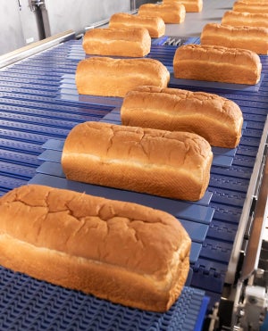 Bochenki chleba na niebieskiej modułowej taśmie przenośnikowej z tworzywa sztucznego w komercyjnej piekarni. System przenośnikowy, wyposażony w zautomatyzowany sprzęt i prowadnice, transportujący bochenki chleba.