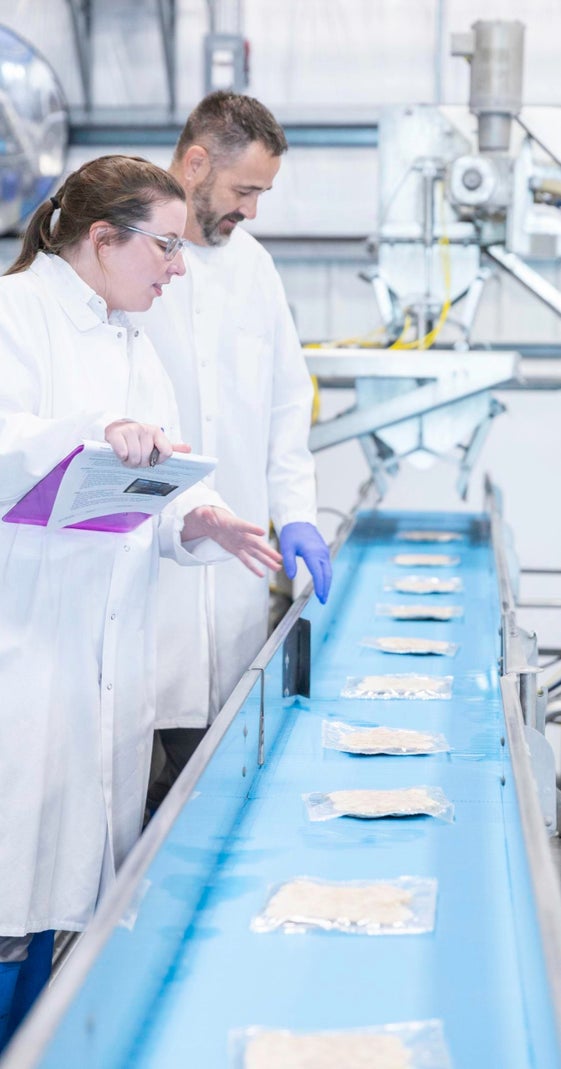 A woman and man in white coats talking while standing next to a ThermoDrive conveyor handling wrapped packages of raw shrimp
