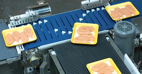 Vaschette con petti di pollo crudi sullo smistatore AIM