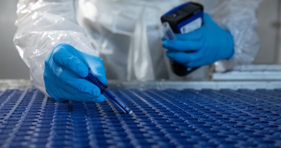 Mains gantées d'un employé du service d'hygiène procédant à un prélèvement sur la surface du tapis supporté par une structure DirectDrive