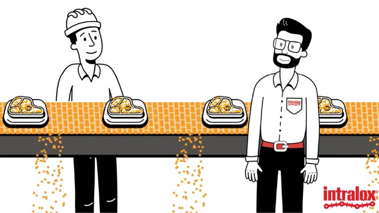 Cartoon-style illustration of two workers standing by a conveyor belt carrying food trays, with foreign material falling through the belt,