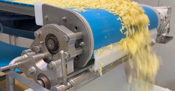 Primer plano de queso rallado moviéndose sobre una cinta transportadora azul en una máquina de procesamiento de alimentos de acero inoxidable, cayendo del extremo en un flujo constante.