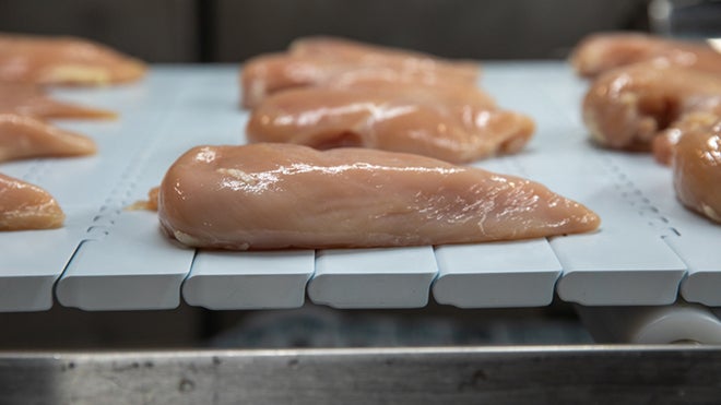 Des escalopes de poulet sur un tapis Série 800 FoodSafe en polycétone