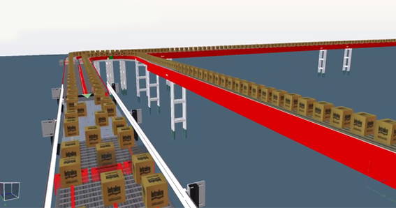 Simulation rendering of boxes on long conveyors