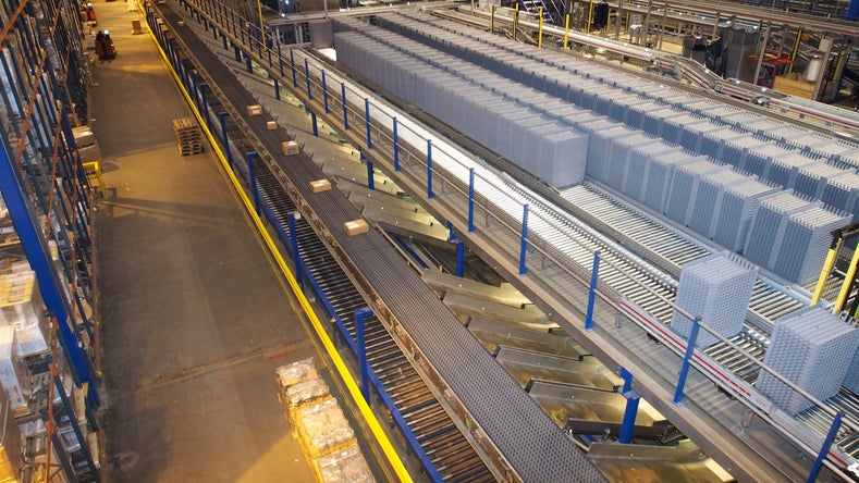Overhead photo of boxes on long ARB sorter