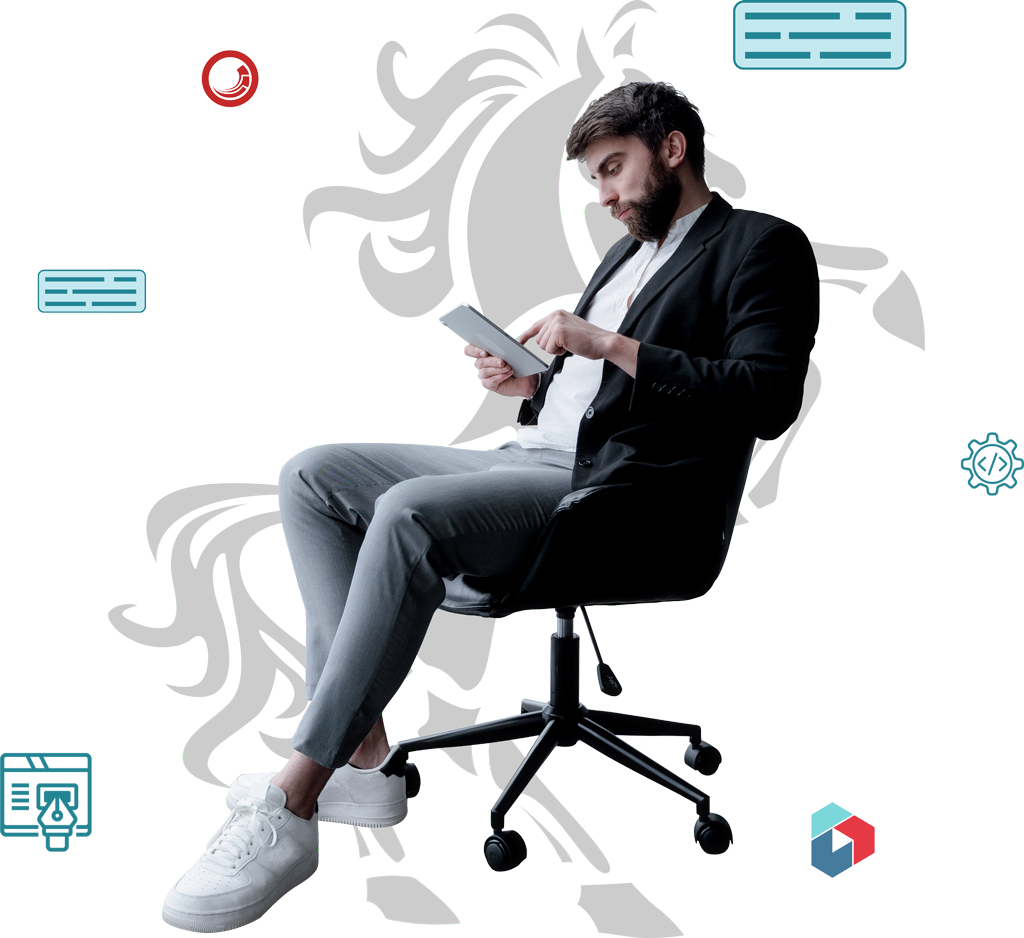 Bearded man sitting on an office chair browsing the Konabos website on a tablet device.