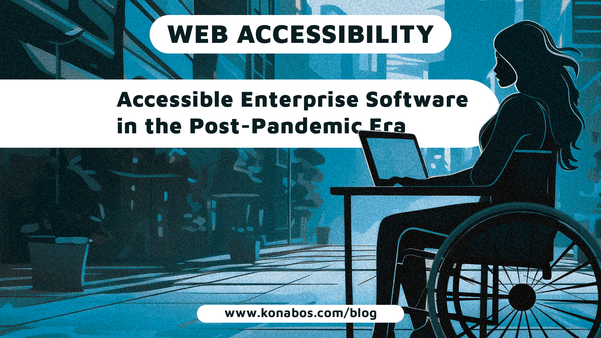 Web accessibility showcased through a woman in a wheelchair accessing the web through a laptop.