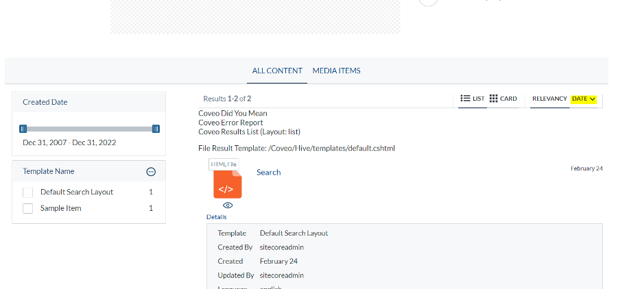 Coveo Search page using Sitecore experience editor. Your default Date Sort component