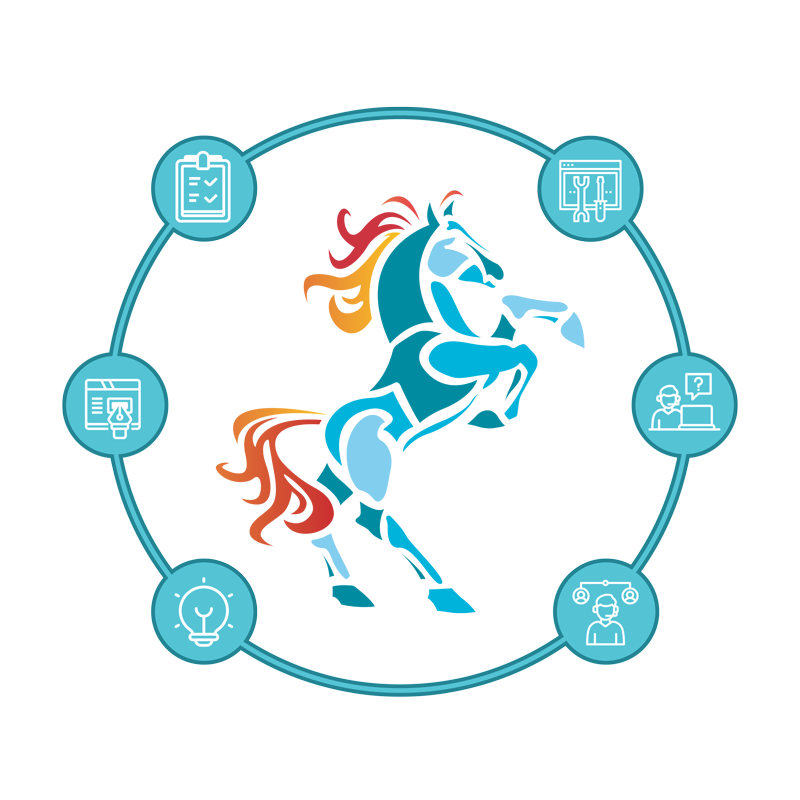Konabos horse logo surrounded by service icons for Strategy, Architecture, Development, Support, Training & Coaching, and UX & Creative.
