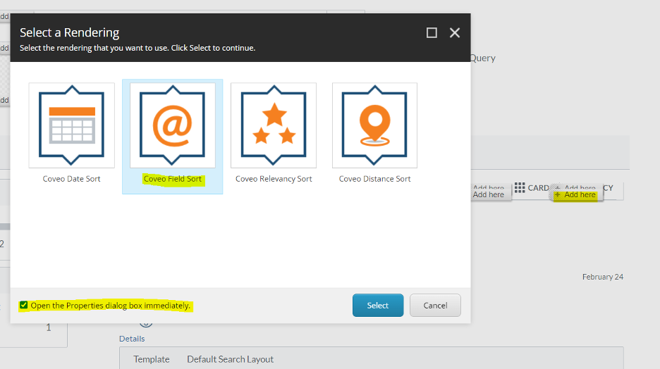 Click on Add a new component in the same place you used to have this Sort Date component, and chose Coveo Field Sort component this time