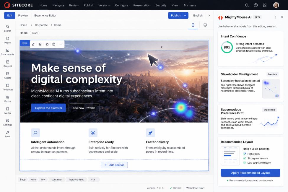 A realistic-looking Sitecore Marketplace app embedded inside a modern CMS/page-builder UI. Show a right-hand context panel titled “MightyMouse AI” with modules such as “Intent Confidence,” “Stakeholder Misalignment,” “Subconscious Preference Drift,” and “Recommended Layout.” Include subtle cursor path overlays and micro-heatmaps. The overall image should feel very believable and native to a modern enterprise SaaS UI. Use a clean product screenshot aesthetic, not cartoonish.