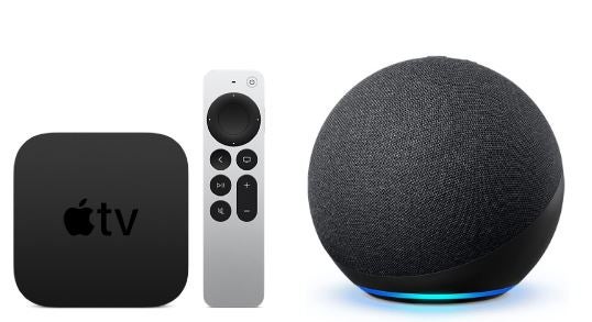 Apple TV device and remote. Amazon Echo device.