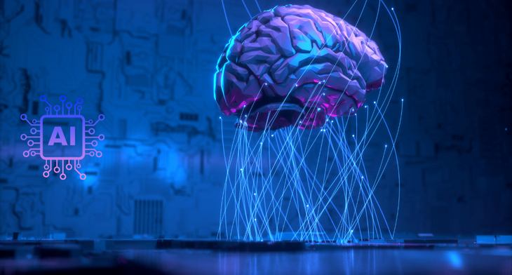 A digital representation of a brain illuminated in purple and blue hues, floating above a circuitry background. Adjacent to the brain is a glowing AI chip symbol, highlighting the convergence of artificial intelligence and brain functionalities.
