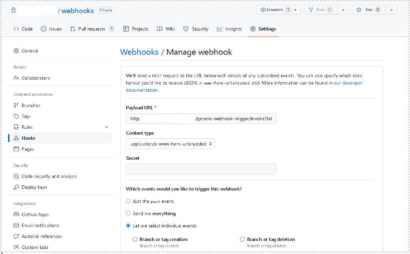 A screenshot of the Manage Webhook settings.