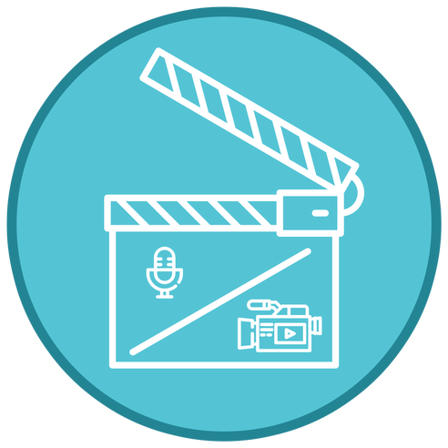 Director's clap board icon with microphone and video camera.