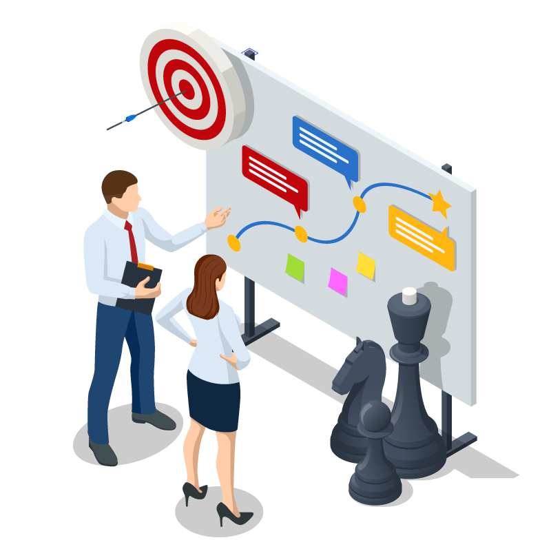 Illustration of a business man and woman planning business strategy in front of a whiteboard. A bullseye target is in the top-left and three chess pieces are in the bottom-right corner.