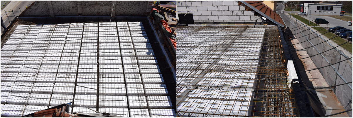 The prestressed concrete roof slab lightened by polystyrene blocks