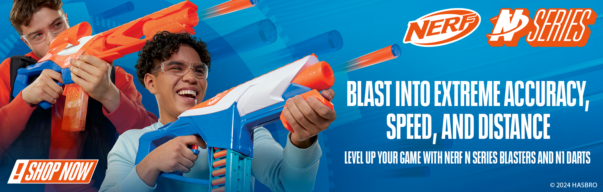 Boys shooting NERF N-Series foam dart blasters