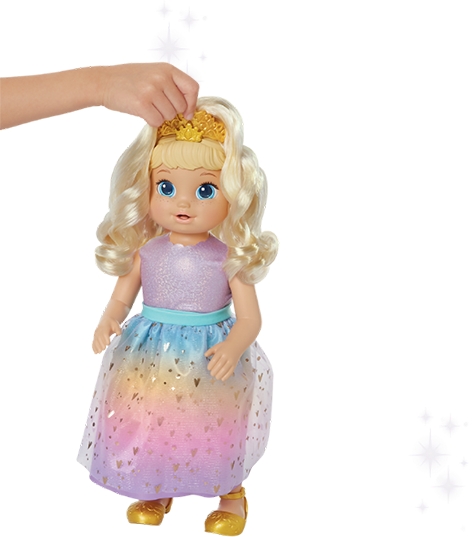 Place her brushable tiara hair extension on her head and put the princess skirt over her outfit to complete her royal look as a Princess!