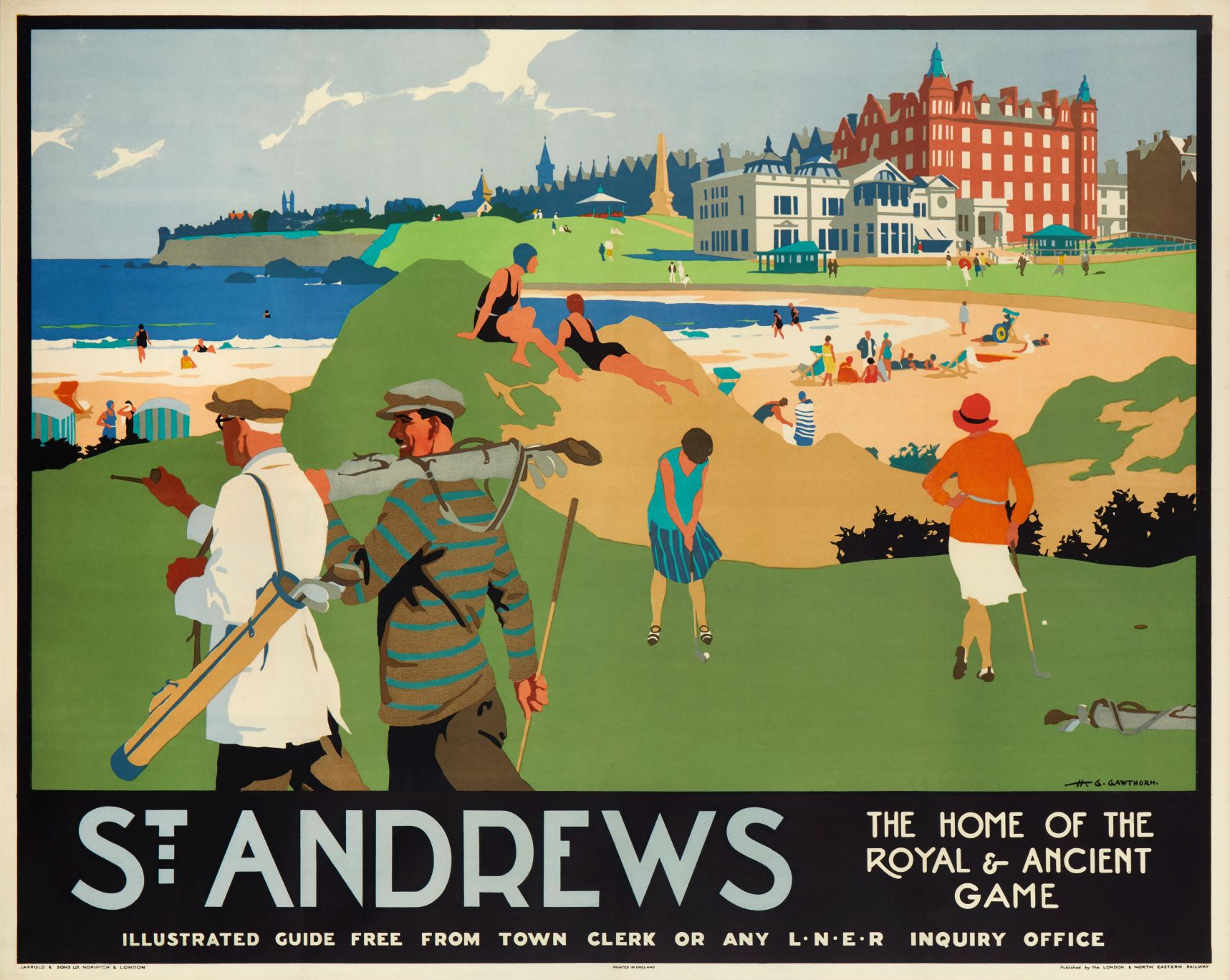 Colourful railway print with people putting on the golf course and lounging on the beach. St Andrews skyline in the distance.