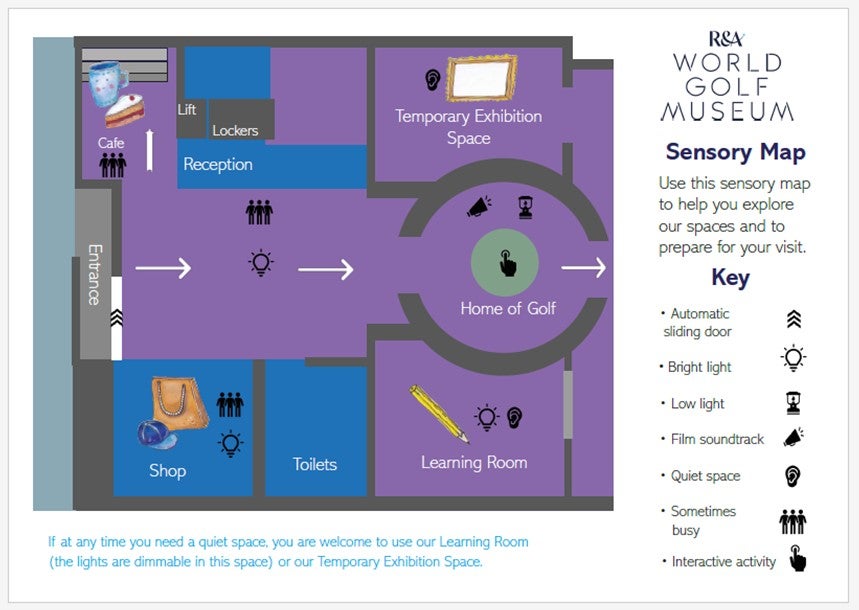 Purple museum gallery map with arrows, illustrations and symbols to show areas of different lighting, noise levels, interactivity and busyness. 