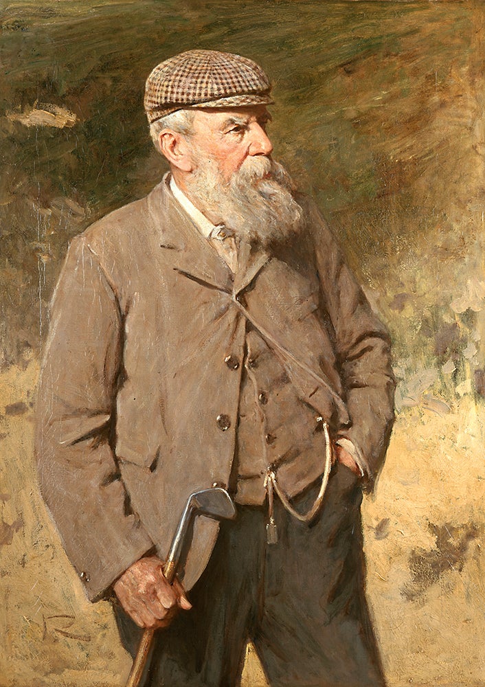 Oil Painting of Old Tom Morris with bushy grey beard, flat checked cap and holding an iron headed club.