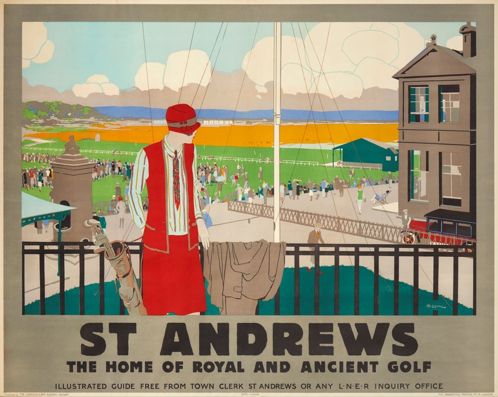 Railway poster print of a woman wearing red outfit and hat leaning against the railings and looking over her shoulder at the Royal and Ancient Clubhouse and Old Course. She has a bag of golf clubs next to her.