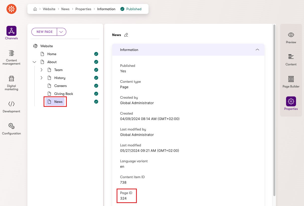 News parent page in Xperience by Kentico outlining its Page ID