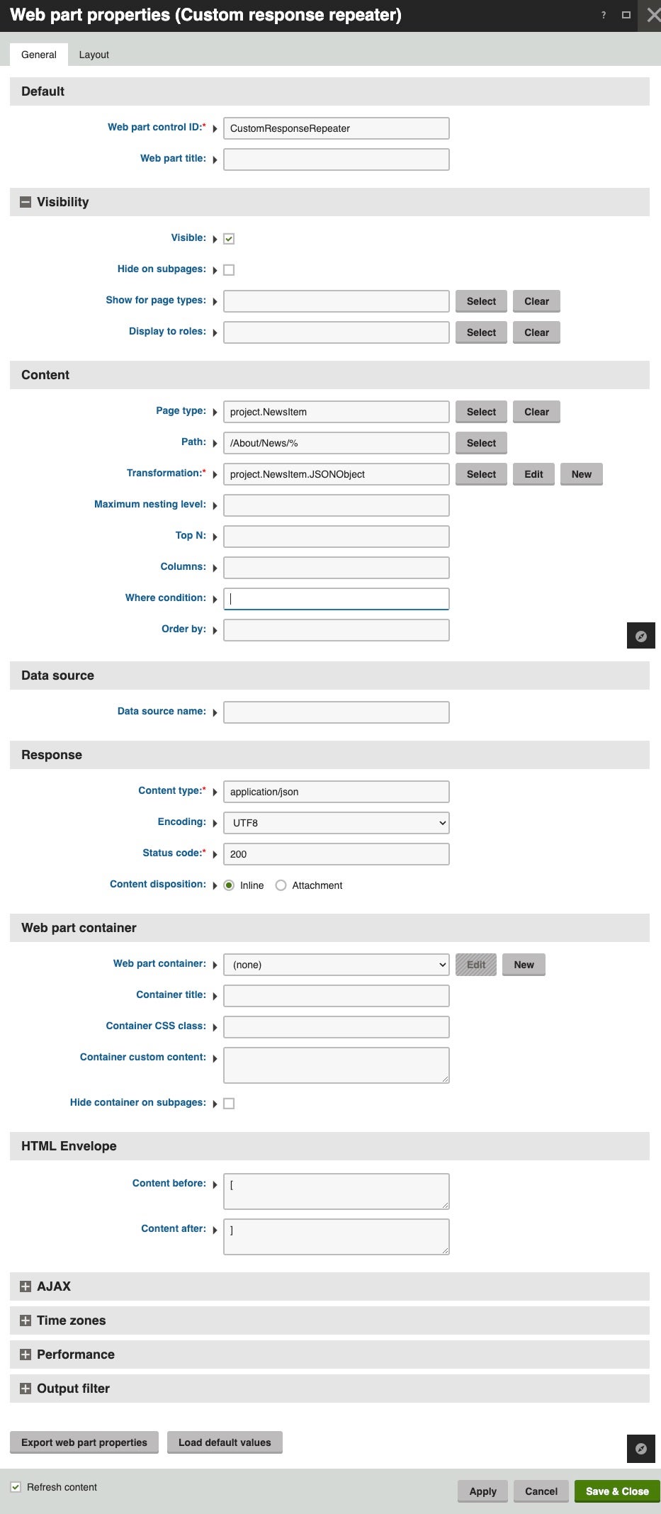Custom response repeater properties