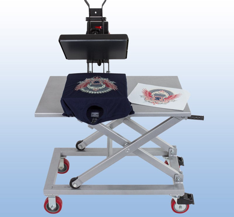 equipment cart with heat press and transfers