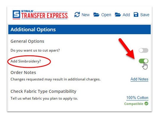 adding Simbroidery in Easy View online designer