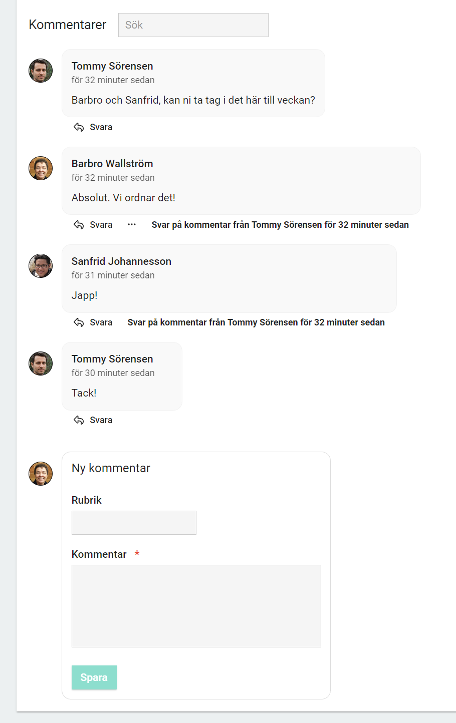 Exempel på hur ett ärendes kommentarsfält kan se ut i Coordinare.