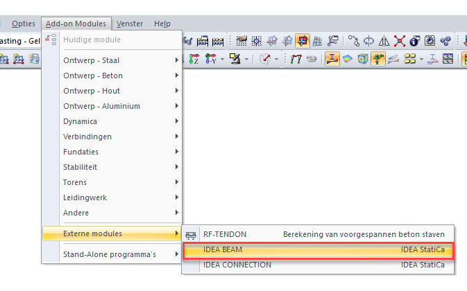 externe module selecteren in RFEM voor de export van betonliggers
