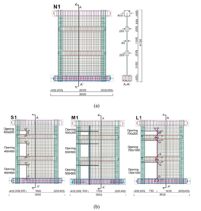 Figure 3.3: Specimen configurations and reinforcing bar arrangement: a) details and dimension for specimen N1 without opening, and b) dimension and opening details for specimens S1, M1, and L1.