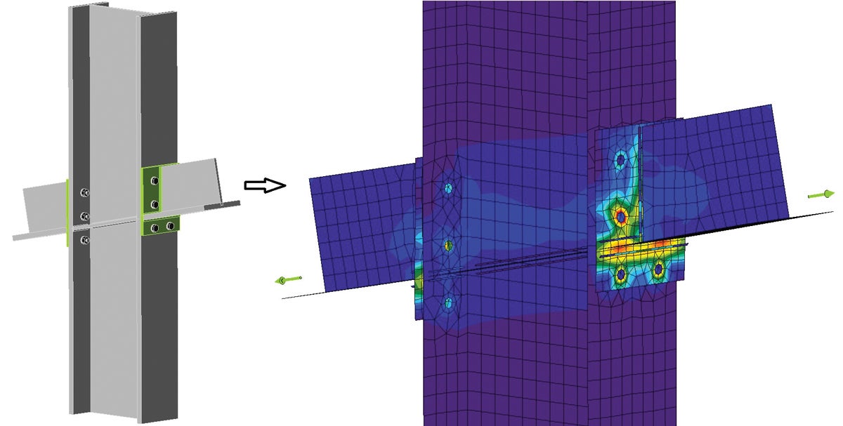 Figure 2. WT truss chord connected to the W24 column via endplates analyzed in Idea Statica Connection. Cantilever to left of column, backspan to the right.