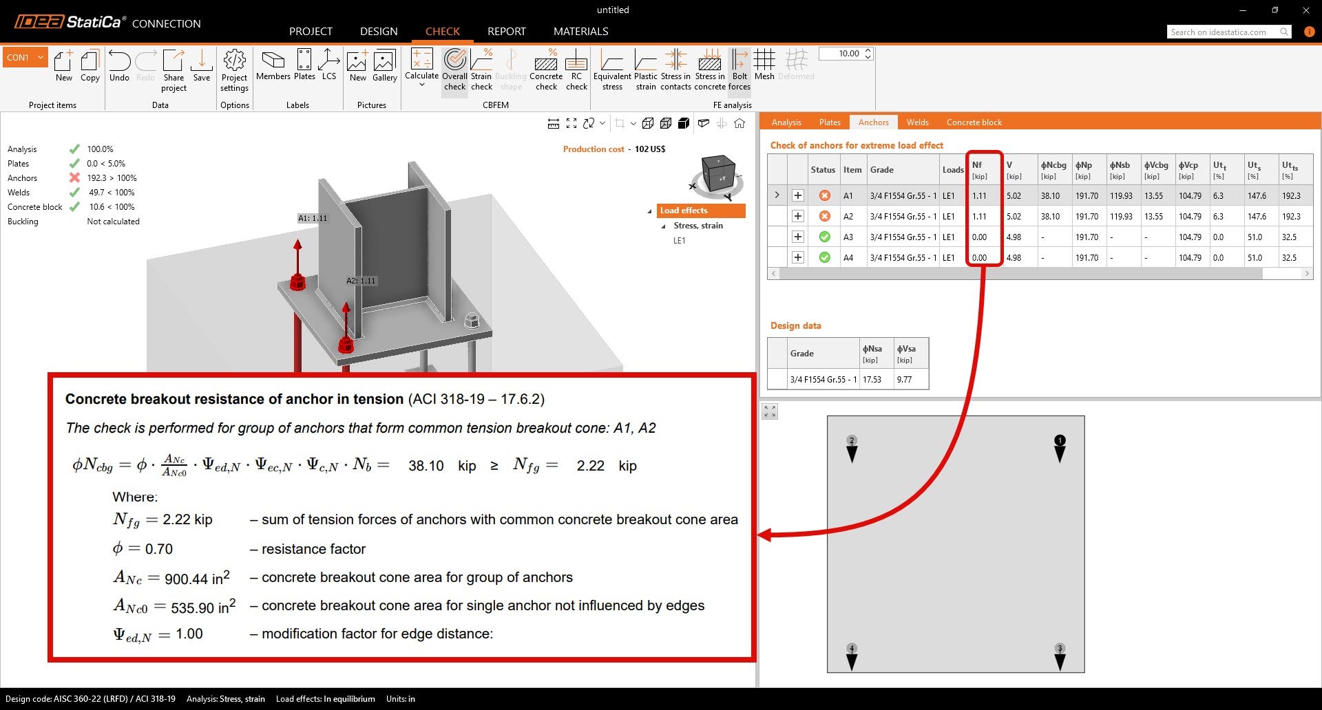 Concrete breakout resistance of anchor in tension