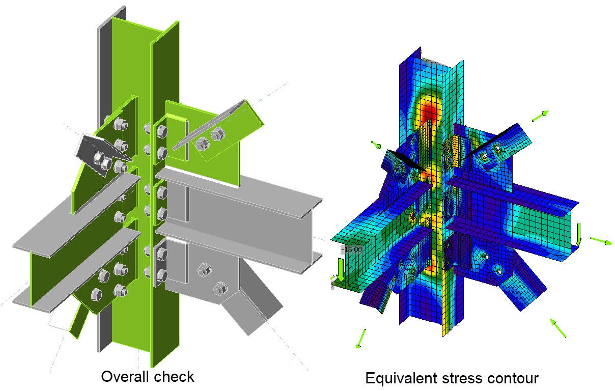 Multi member joint connection design: Overall code check and equivalent stress contour