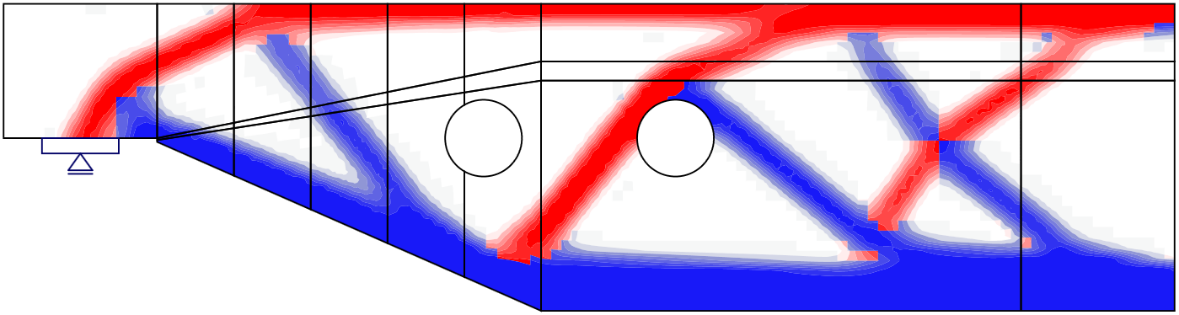 Fig. 7 Results from the topology optimization design tool with 20% and 40% effective volume (red: areas in compression, blue: areas in tension).