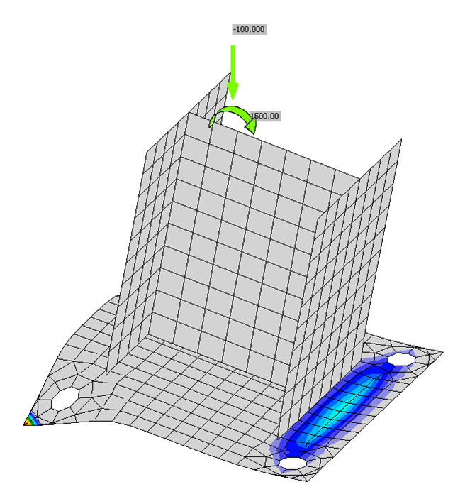Deformed shape (scale factor = 5) and concrete bearing stress for base plate connection with 0.625 in. thick base plate. Note bearing stresses at corners of the tension side of the base plate