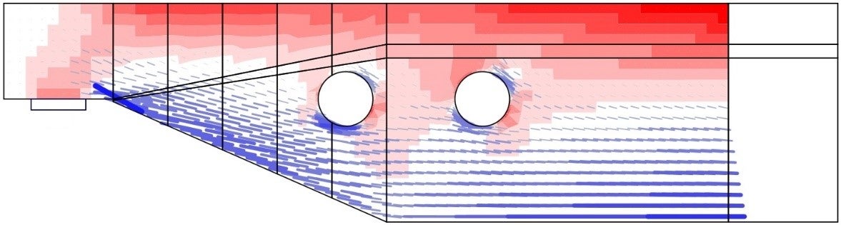 Fig. 6 Results from the linear analysis tool for defining reinforcement layout (red: areas in compression, blue: areas in tension).