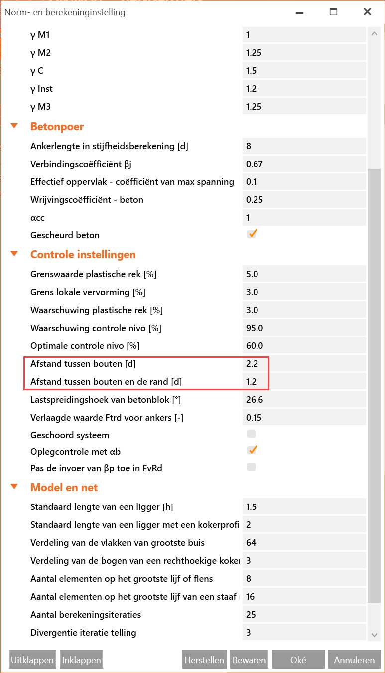 Norminstellingen boutafstanden voor binnenste en randbouten in IDEA StatiCa