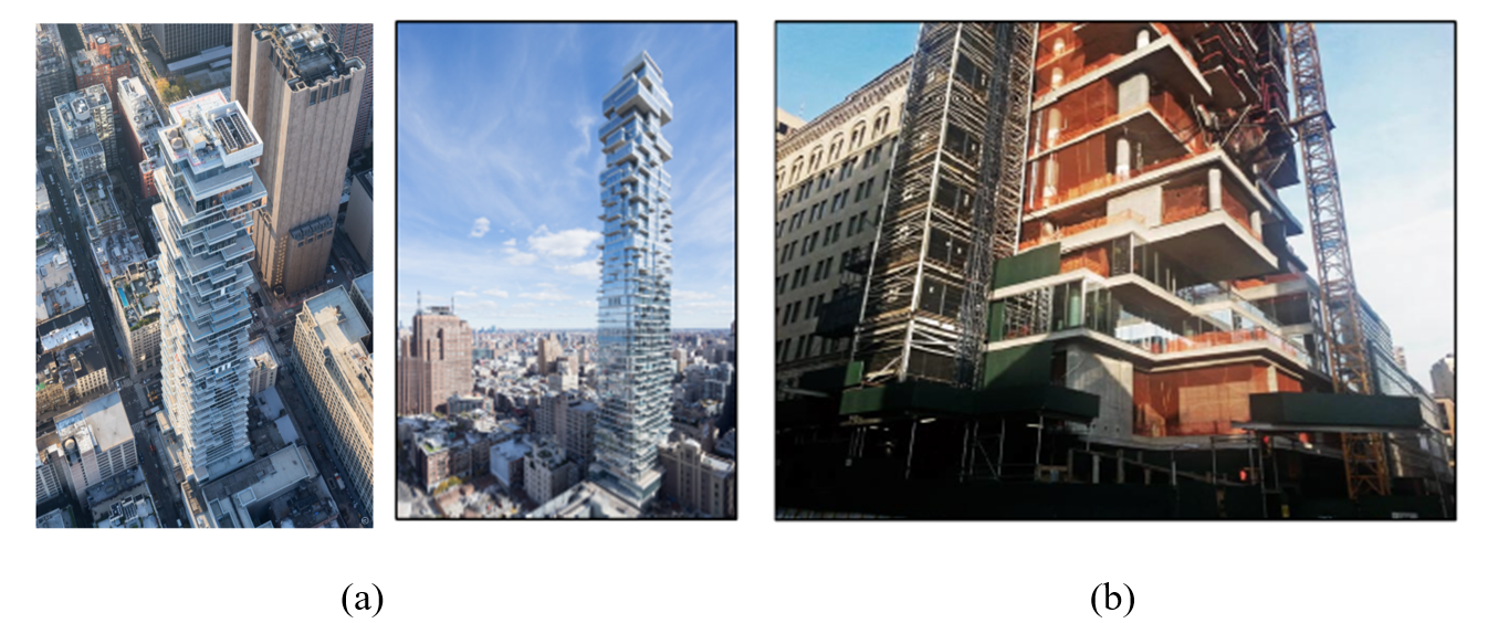 Figure 4.2: Walking column example: a) 56 Leonard building, and b) walking columns.