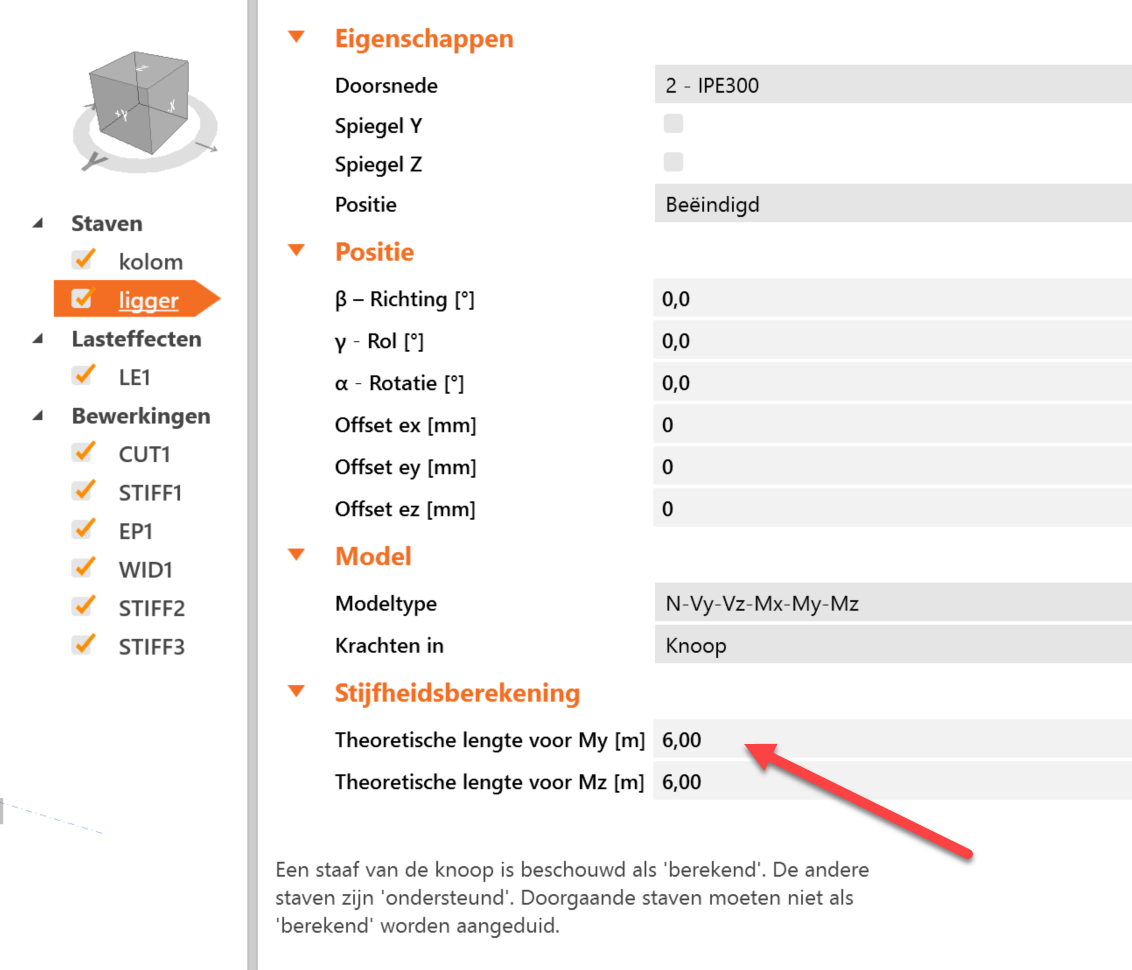Theoretische liggerlengte 6 m voor aangesloten staaf voor stijfheidsberekening in IDEA CONNECTION