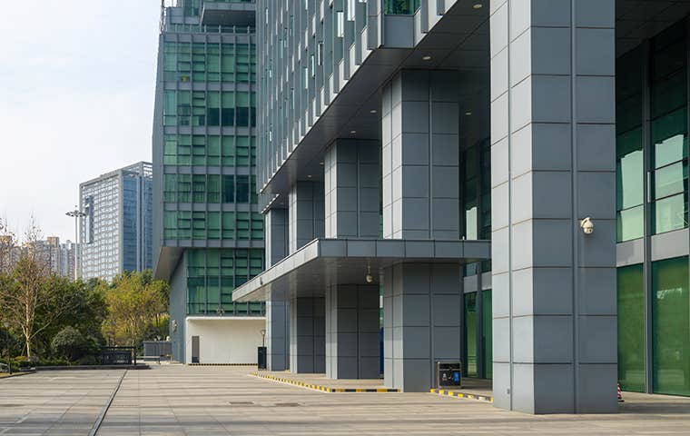 the entrance to a large commercial building