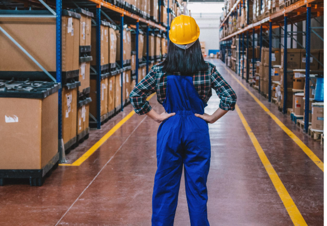 Back view of a female warehouse worker in a hardhat and overalls standing in a large warehouse aisle surrounded by high shelves filled with boxes